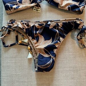 Pat Bo Navy & Beige Floral Tie-Side Bikini Bottom large top, medium bottom
